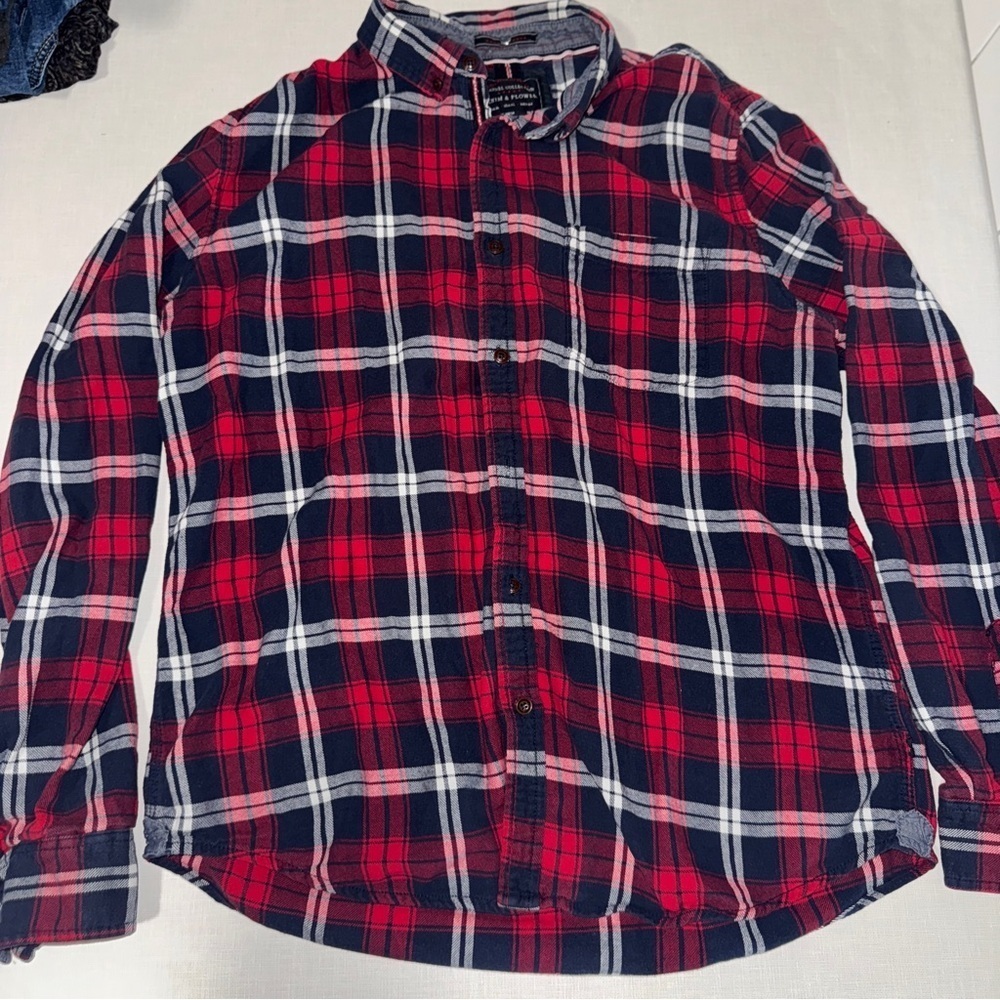 Denim & Flower Red and Navy Plaid Shirt, slim fit, men’s XL grunge flannel​​​​